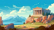 Abstract Background Greek Temples. Illustration That Showcasing Ancient Greece, Showcasing A Magnificent Greek Temple In All Its Glory. Generative AI.