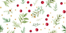 Christmas Seamless Pattern With Confetti Of Stars, Berries And Green Branches, Watercolor Holiday Print On White Background