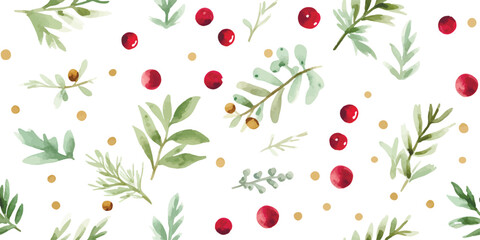 Christmas seamless pattern with confetti of stars, berries and green branches, watercolor holiday print on white background