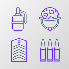 Wall Mural - Set line Bullet, Chevron, Military helmet and Hand grenade icon. Vector