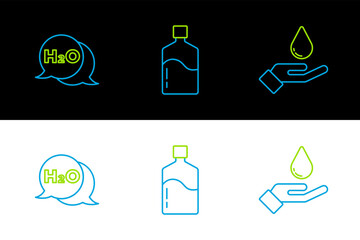 Poster - Set line Washing hands with soap, Chemical formula for H2O and Big bottle clean water icon. Vector