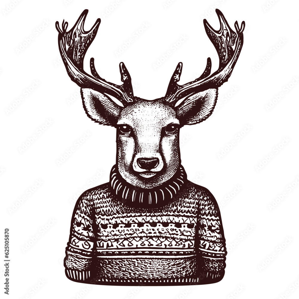 deer wearing a sweater vintage sketch Stock Vector | Adobe Stock