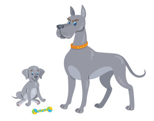 Sticker - Adult Great Dane dog and funny puppy. In cartoon style. Isolated on white background. Vector flat illustration.