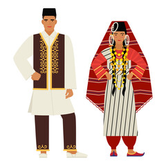 girl and young man in Libyan folk costume isolated on a white background. couple of young people in the national traditional clothes of Libyan. flat drawing in cartoon style. stock vector illustration