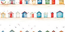 Colored Beach Huts With Seagulls And Beautiful Decoration Design Elements Isolated On White Background. Seamless Watercolor Pattern, Summer Marine Illustration For Textile, Wallpaper Or Wrapping Paper