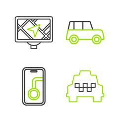 Sticker - Set line Taxi car, City map navigation, Car and Gps device with icon. Vector