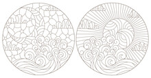 A Set Of Contour Illustrations In The Style Of Stained Glass With Seascapes, Dark Contours On A White Background