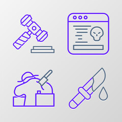 Sticker - Set line Bloody knife, Murder, System bug and Judge gavel icon. Vector