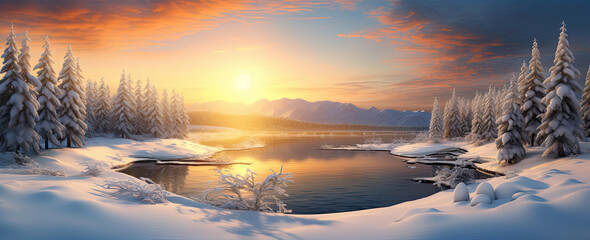 Wall Mural - Beautiful snowy landscape at sunset - AI Generated