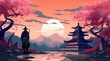 Abstract Background Japanese Samurai. Illustration That Evokes The Spirit Of Japanese History, With A Heroic Samurai Set Against The Backdrop Of A Golden Sunset. Generative AI.