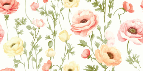 Floral seamless pattern with delicate flowers ranunculus on white background, watercolor illustration for textile or wallpapers