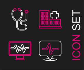 Sticker - Set line Heart rate, Monitor with cardiogram, Hospital building and Stethoscope icon. Vector