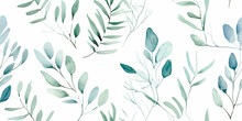 Watercolor Seamless Pattern With Winter Branches, Leaves Eucalyptus And Christmas Twigs. Tender Floral Green Illustration On White Background In Vintage Style