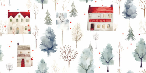 Winter Christmas seamless pattern with cute small houses, christmas trees and berries, watercolor illustration on white background for holiday wrapping paper, textile or wallpapers, hand painting city