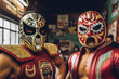 Two masked Lucha libre wrestlers before the fight. Mexican Luchadores are preparing for the fight. Generated by AI