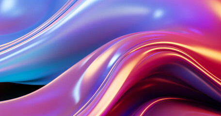 Canvas Print - Abstract 3d neon holographic iridescent render. Design visual for background wallpaper banner poster or cover. Fluid organic wave with glass colorful gradient material.
