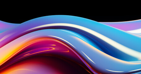 Wall Mural - Abstract 3d render, iridescent, glossy, reflective metallic,aorganic curve wave in motion. Gradient design element for banner, background, wallpaper