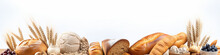 Bread And Various Rolls Isolated On A White Background Composition Is A Long Narrow Panorama Of The Top Of The Site. Generative AI
