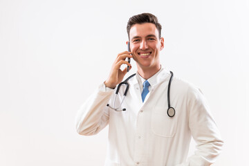 Wall Mural - Portrait of doctor talking on the phone.	