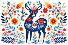 Image Of Pattern Design Using Deer And Flowers And Leaves. Wildlife Animals. Illustration, Generative AI..