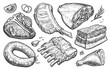 Fresh farm meat products. Hand drawn illustration for butcher shop or restaurant menu. Sketch engraved style