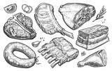 Fototapeta  - Fresh farm meat products. Hand drawn illustration for butcher shop or restaurant menu. Sketch engraved style