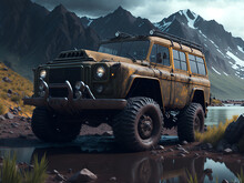 Old Soviet Offroad Vehicle In The Mountains, Generative AI