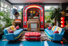 A Retro Diner-inspired Vintage Living Room With A Vintage Jukebox, Retro Diner Furniture, And Neon Signs Generative AI