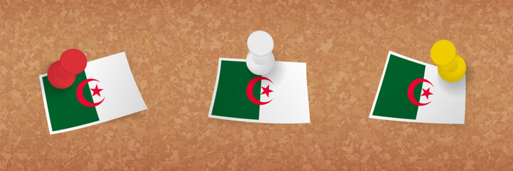 Wall Mural - Algeria flag pinned in cork board, three versions of Algeria flag.