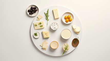 Sticker -  a white plate topped with different types of cheese and olives.  generative ai