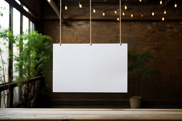 Empty white paper board hanging over wooden table indoor.