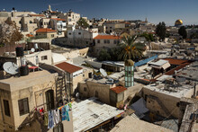 Panoramic Aerial View Of The Old City Of Jerusalem Rooftop Terraces, With The Dome Of The Rock In The Background