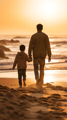 Father and toddler son talking a walk in the beach, enjoying sunrise at golden hour. Generative AI.