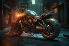 Futuristic Sci-fi Cyberpunk Sports Bike Motorcycle With Neon Lights, Night City, Cyberpunk Motorcycle Background ,generative AI