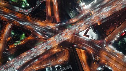 top-down time-lapse view of fast-moving cars on a highway, intense traffic during rush hour at a cit