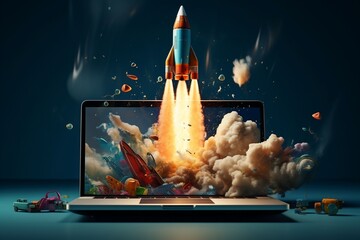 Launching Space Rocket from Laptop Screen. Generative AI