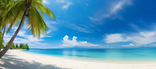 Beautiful Beach With White Sand, Turquoise Ocean, Blue Sky With Clouds And Palm Tree Over The Water
