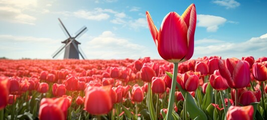 Wall Mural - Panorama of landscape with blooming colorful tulip field, traditional dutch windmill and blue cloudy sky in Netherlands Holland , Europe - Tulips flowers background panoramic banner (Generative Ai)