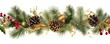 Fir green branches are decorated with gold stars, fir cones and red berries. Ai generative.