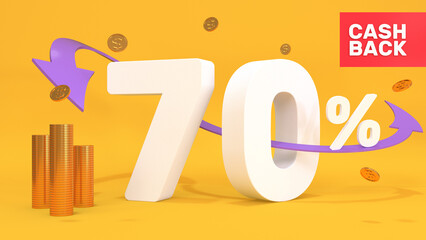 White 3d text 70 percent cashback on a yellow background. Cashback inscription with purple arrows, golden stacks of coins and floating coins around. 3d render.