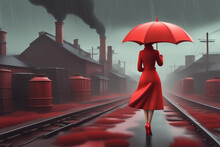 The Back Of A Red High Heeled Woman With An Umbrella On A Rainy Day Perfect Composition Beautiful. Generative AI