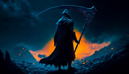 Wall Mural - Man in hooded jacket holding large sword in front of dark sky. Generative AI.