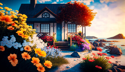 Wall Mural - Painting of house in the middle of garden with colorful flowers. Generative AI.