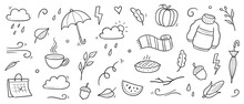 Autumn Doodle Vector Set. Hand Drawn Doodle Sketch Style Nature Fall Season, Autumn Icon Background. Autumn Falling Leaves, Wind Season, Umbrella Sketch Elements. Vector Illustration.