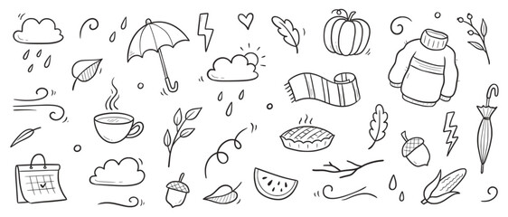 autumn doodle vector set. hand drawn doodle sketch style nature fall season, autumn icon background.