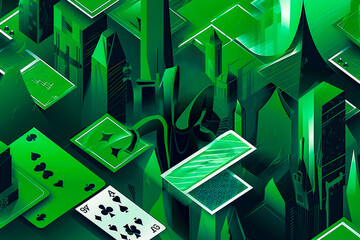 Wall Mural - Group of playing cards sitting next to each other on green surface. Generative AI.