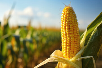 Closeup Of Corn Cob Against The Background Of Corn Plantation Field. Copy Space For Text. Generative AI