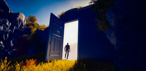 Wall Mural - Man standing in front of open door in field of grass. Generative AI.