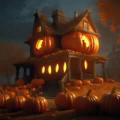 Fantasy Pumpkin Haunted House. Halloween Wallpaper. Strange house with glowing yellow lights on a gloomy night background. Many pumpkins are lying on the ground. Generative AI illustration.