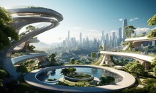 Futuristic Villa Mansion Overlooking  Beautiful Green City With An Oasis And A Healthy Environment . Generative Ai